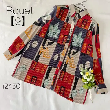 ROUET 패턴 올 패턴 긴팔 셔츠 레트로 플리츠 [9] M
