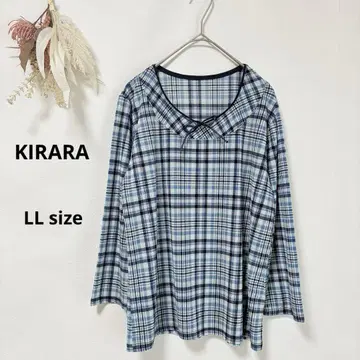 KIRARA 체크 무늬 티셔츠 긴팔 LL 스카이블루 라운드넥 리본