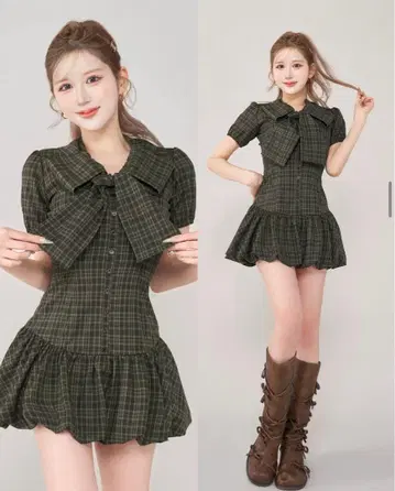 Darich 빅 리본 벌룬 체크 미니 원피스 그린