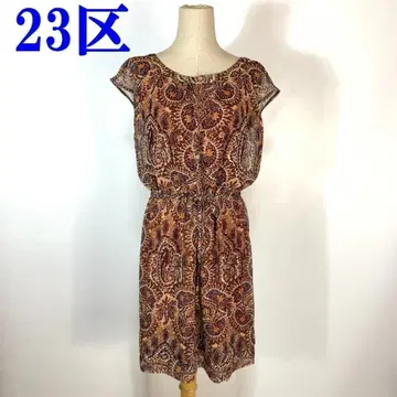 23구 무릎 기장 원피스 올 패턴 안감 허리 조임 브라운 36 C9904