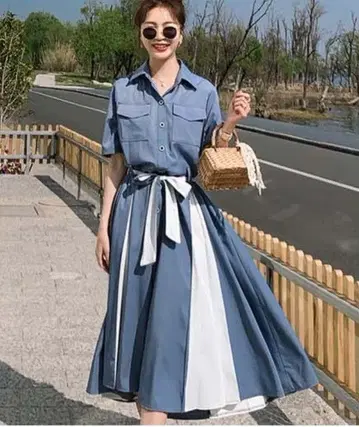한국 패션 천 벨트 포함 배색 절개 셔츠 롱 원피스