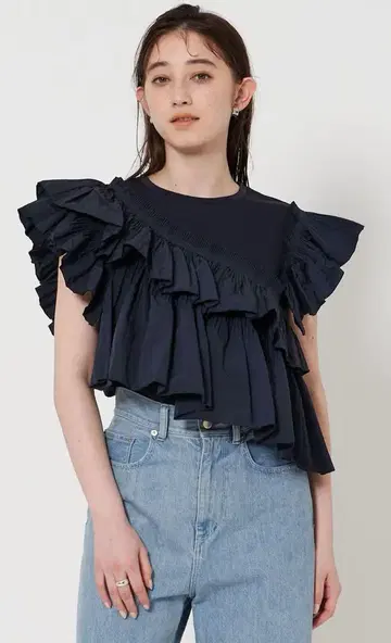 UNITED ARROWS 플리츠 프릴 콤비 티셔츠
