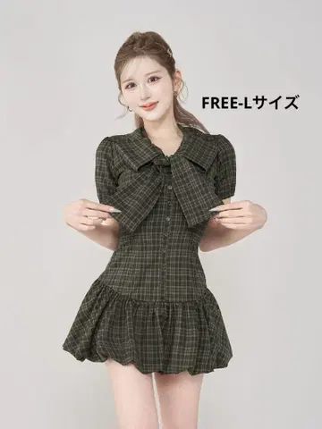 Darich 빅 리본 벌룬 체크 미니 원피스