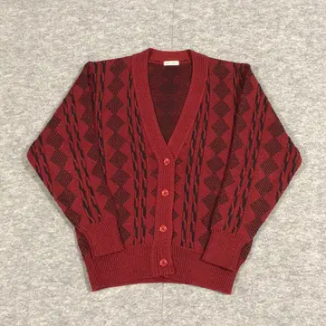 90s 가디건 레드 빨간색 올 패턴 V넥 일본제 울 062708