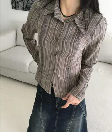 스트라이프 패턴 빈티지 셔츠 한국 오피스 캐주얼 레이스 Y2K