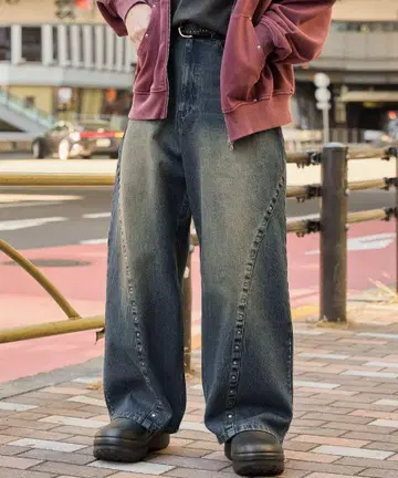 커브 스터드 빈티지 가공 와이드 데님 팬츠