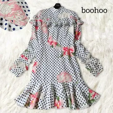 boohoo 부후 도트 무늬 원피스 올 패턴 꽃무늬 화이트 개성 긴팔