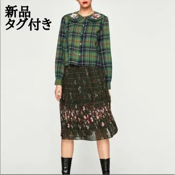 새상품 ZARA 자라 꽃무늬 아코디언 플리츠 미디 스커트 체크 무늬 L
