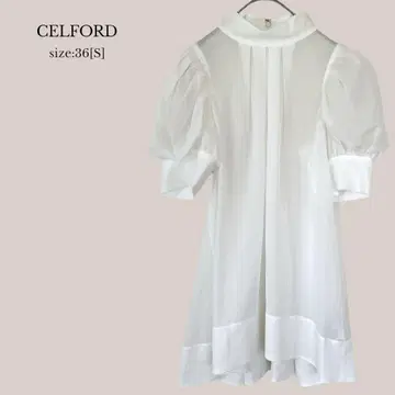 CELFORD 시어 튜닉 블라우스 5부 소매 볼륨 소매 하이넥