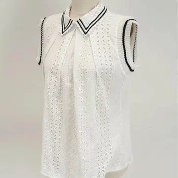택 포함 미사용 새상품! 화이트 슬리브리스 셔츠 카라 부착