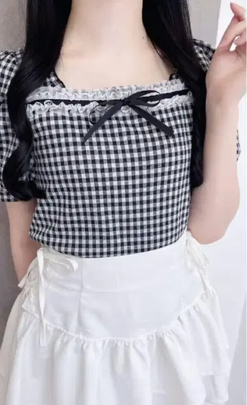 깅엄 체크 퍼프 슬리브 블라우스 evelyn