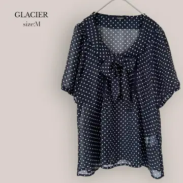 그라시아 GLACIER 시어 블라우스 5부 소매 도트 도트 보타이 리본