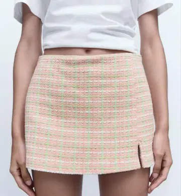 자라 체크 무늬 핑크 트위드 치마바지 미니 스커트