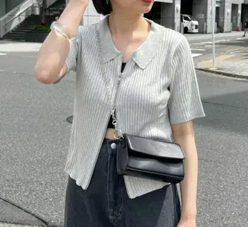 더블 지퍼 라메 리브 반팔 가디건