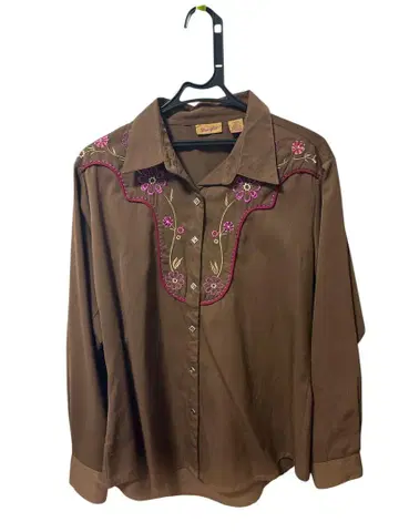 70s Wrangler 꽃무늬 자수 브라운 웨스턴 셔츠 XL