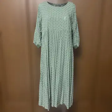 레아크 기하학 패턴 그린 롱 원피스 7부 소매