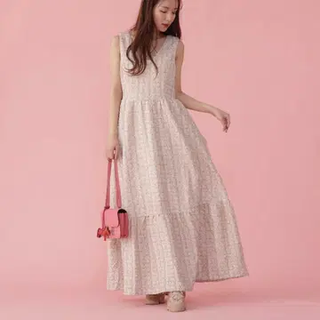 maison marble 핑크 체크 무늬 슬리브리스 롱 원피스
