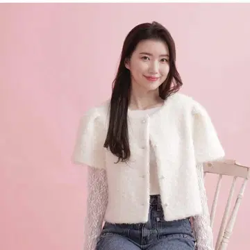 maison marble 화이트 가디건 숏 기장 반팔
