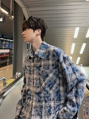 KXCK JUNMANNER 체크 무늬 데미지 워시 롱 셔츠