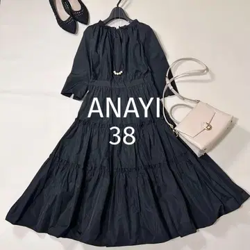 일본제 ANAYI 아나이 7부 소매 티어드 원피스 개더 원피스 블랙