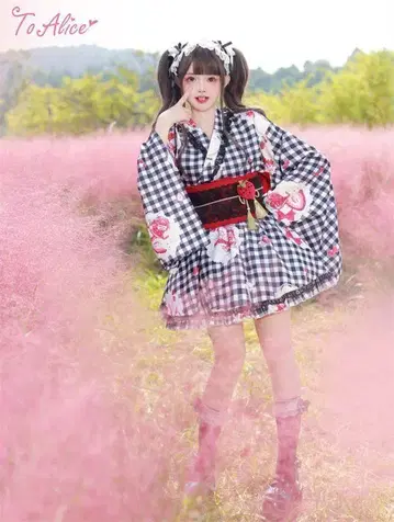 ToAlice 딸기 딸기 깅엄 체크 유카타 드레스 블랙 S