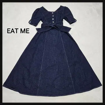 [새상품급] EAT ME 데님 원피스 롱 기장 허리 리본 M 다크 네이비
