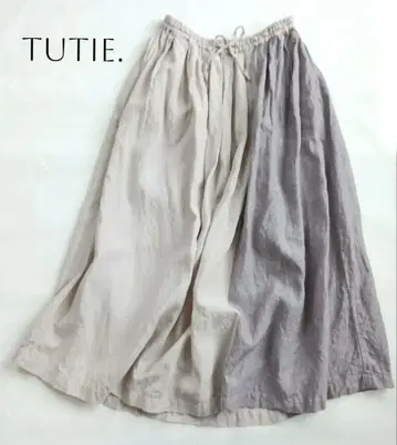 TUTIE. 츠치에 린넨 턱 개더 롱 스커트 바이컬러 내추럴