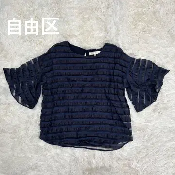 자유구 Jiuuk 플레어 시어 소매 블라우스 보더 탑 네이비