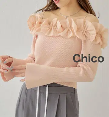 '25 Chico 치코 [미사용] 프릴 도킹 소매 플레어 니트 핑크