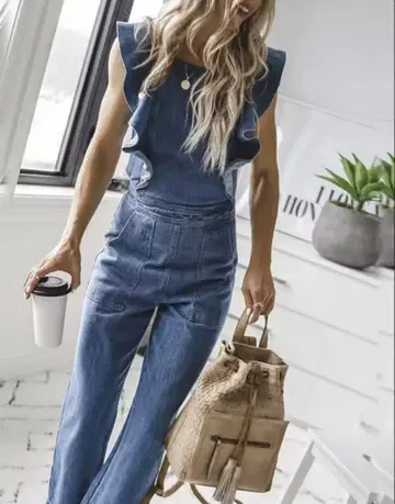 블루 데님 오버롤 점프 수트 프릴 귀여운 팬츠