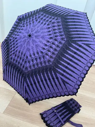 ANNA SUI 보라색과 블랙 레이스 무늬 양산 접이식 우산
