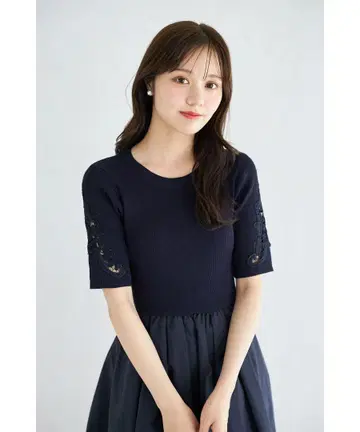 tocco closet 플라워 자수 쓰리 리브 니트 타프타 도킹 원피스