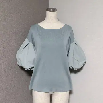 러그문 문 벌룬 슬리브 콤비 니트 풀오버 민트