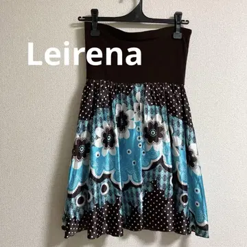Leirena 플레어 스커트 플라워 패턴 브라운/블루 사교댄스 허리밴딩