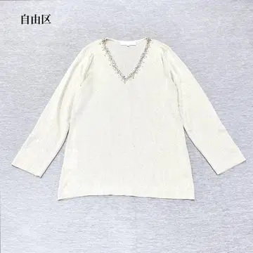 새상품급 자유구 V넥 썸머 니트(40) 비쥬 라메 화려 엘레강트