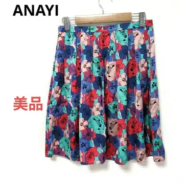 아나이 ANAYI 스커트 플레어 턱 사이드 지퍼 얇은 소재 꽃무늬 38
