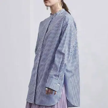 UNITED ARROWS 밴드 카라 스트라이프 롱 셔츠