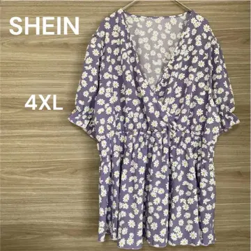 SHEIN [4XL] 퍼플 반팔 블라우스 꽃무늬 올 패턴 카슈쿨 스타일