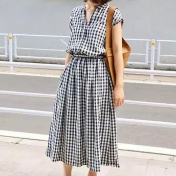 IENA 이에나 스키퍼 깅엄 체크 롱 원피스 프렌치 슬리브