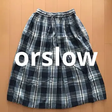 오어슬로우 롱 스커트 면 린넨 체크 무늬 블루