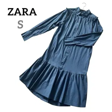 자라 ZARA 롱 셔츠 원피스 블루 긴팔 프릴 블루 네이비