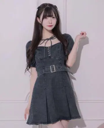 pium 플리츠 벨트 데님 미니 원피스 블랙 데님