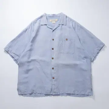 오픈 카라 셔츠 실크 린넨 색스 블루 오픈 카라 무지