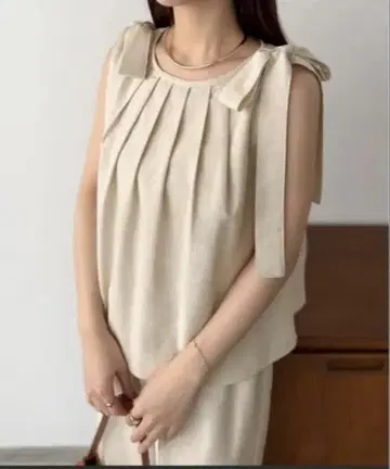린넨 혼방 어깨 리본 백 오픈 셋업