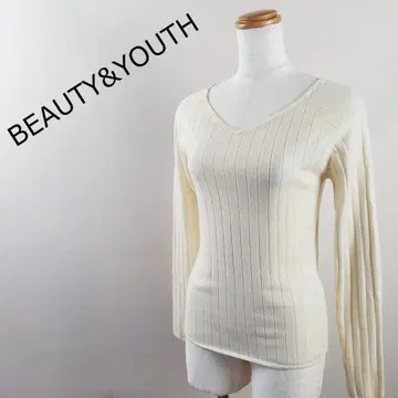 뷰티 앤 유스 울 블렌드 V 넥 리브 니트 스웨터 아이보리 M 상당