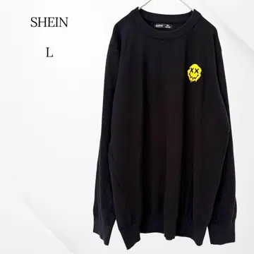 쉬인 스웨터 긴팔 블랙 풀오버 스마일 로고 L