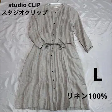 스튜디오 클립 핀턱 앞 버튼 긴팔 원피스 린넨 100% L