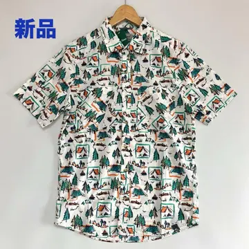 새상품 LL BEAN 캠핑 모티브 패턴 반팔 셔츠 크림 JPN M 사이즈