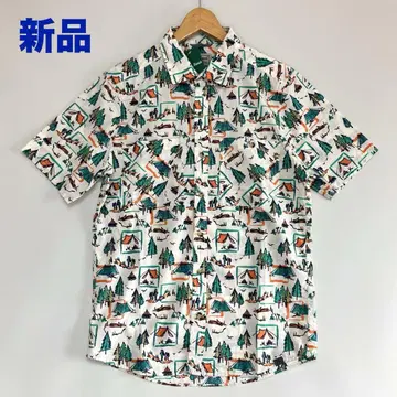 새상품 LL BEAN 캠핑 모티브 패턴 반팔 셔츠 크림 JPN XL