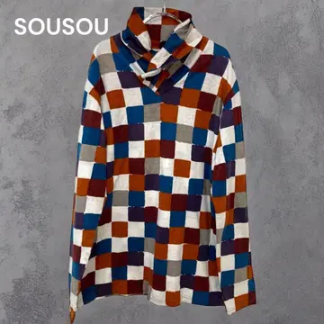 SOUSOU 소우소우 긴팔 옷깃 지판 사각 스퀘어 패턴 상의